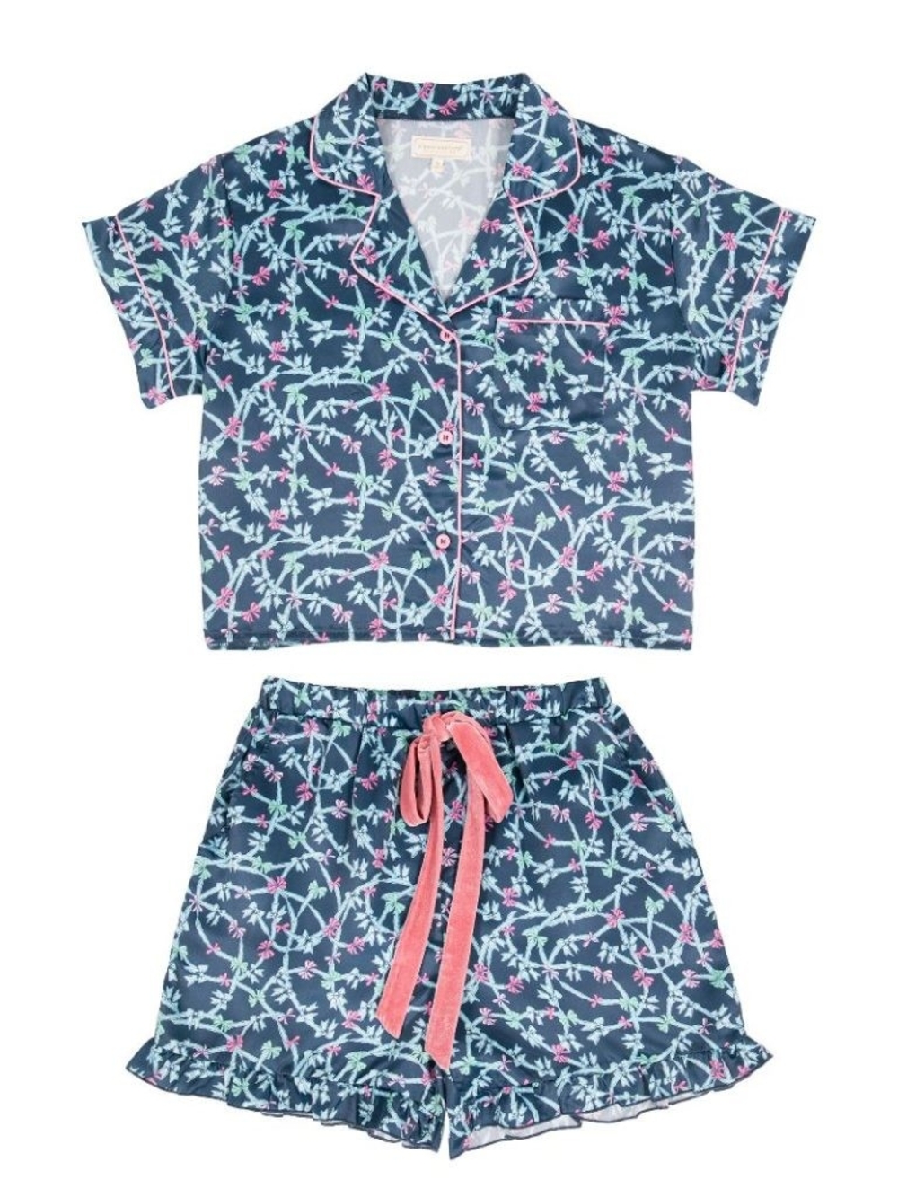 Navy Floral Short Pajama Set with Pink Trim